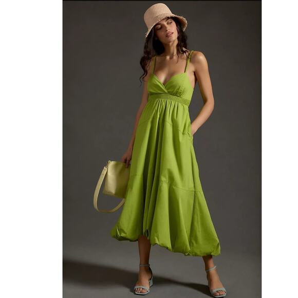 New By Anthropologie V-Neck Tiered Bubble-Hem Midi Dress $170 LARGE Green - Picture 1 of 8